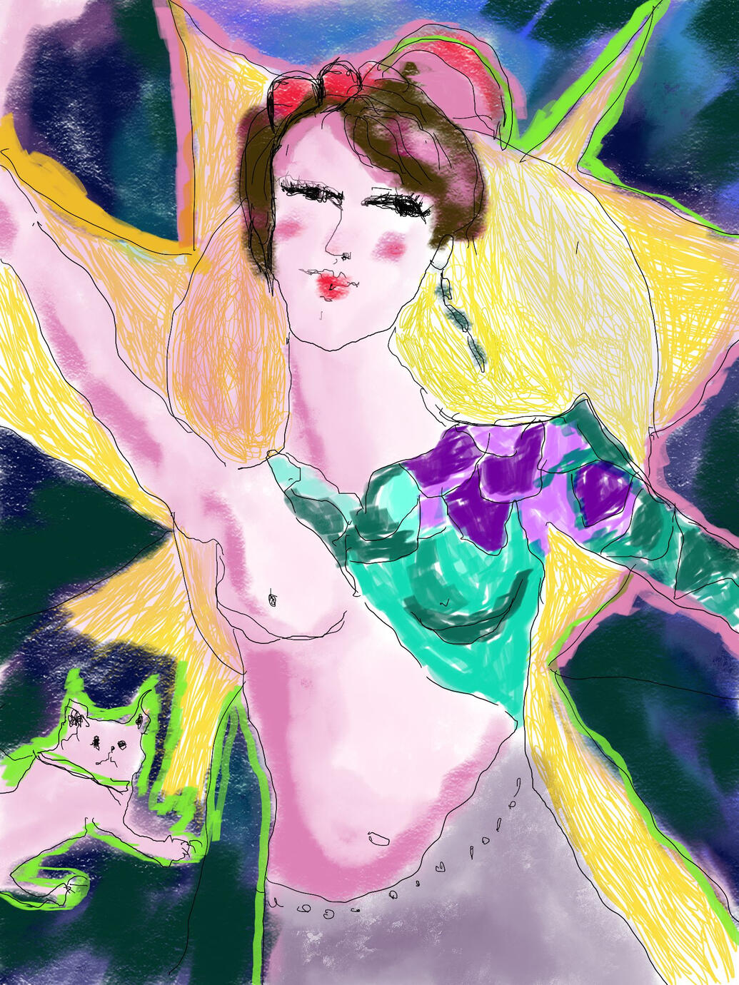 Lady Karma appears bold, fearless, and open — as if she’ll never leave you. She runs toward you from behind the sun’s golden wheel, accompanied by her loyal companion. In her gaze is knowing; in her movement, destiny.