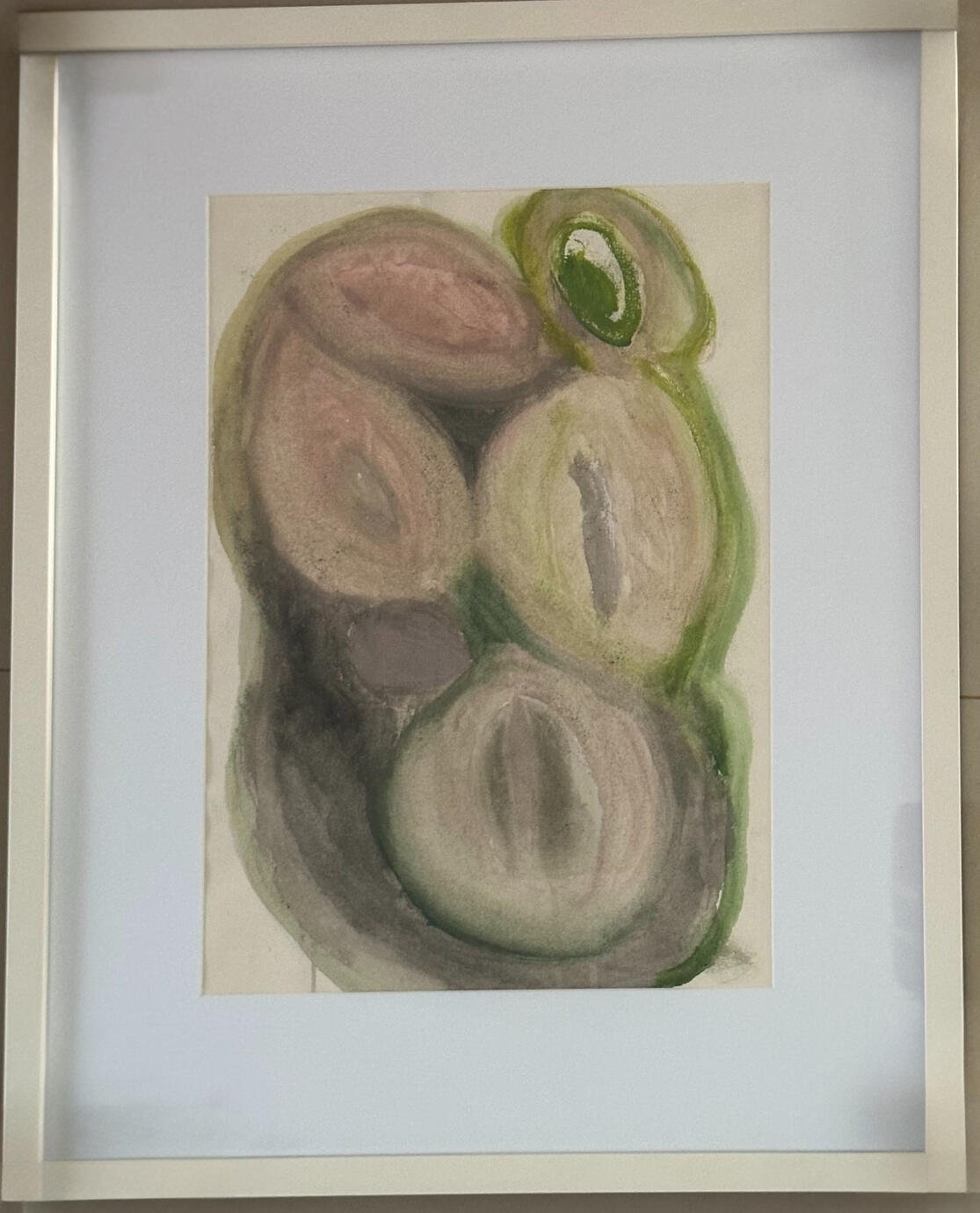 Fertile Cluster envisions the primordial moment of potential — an organic constellation of rounded, cell-like forms nestled together, each carrying the promise of life. Layered washes of earthy greens, soft pinks, and muted whites echo the textures of